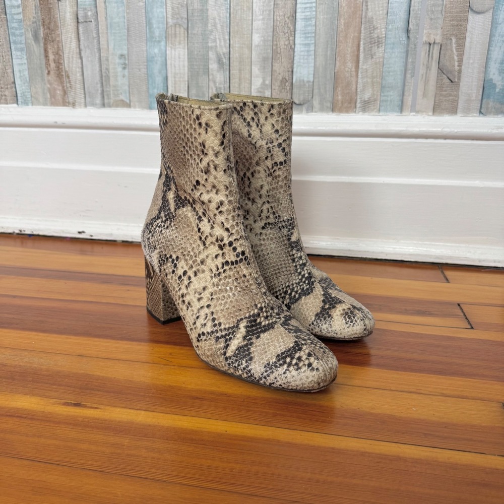 Free People 38 7.5 Cecile Ankle Boots Snakeskin Print Block Heel Neutral Booties - Picture 4 of 16